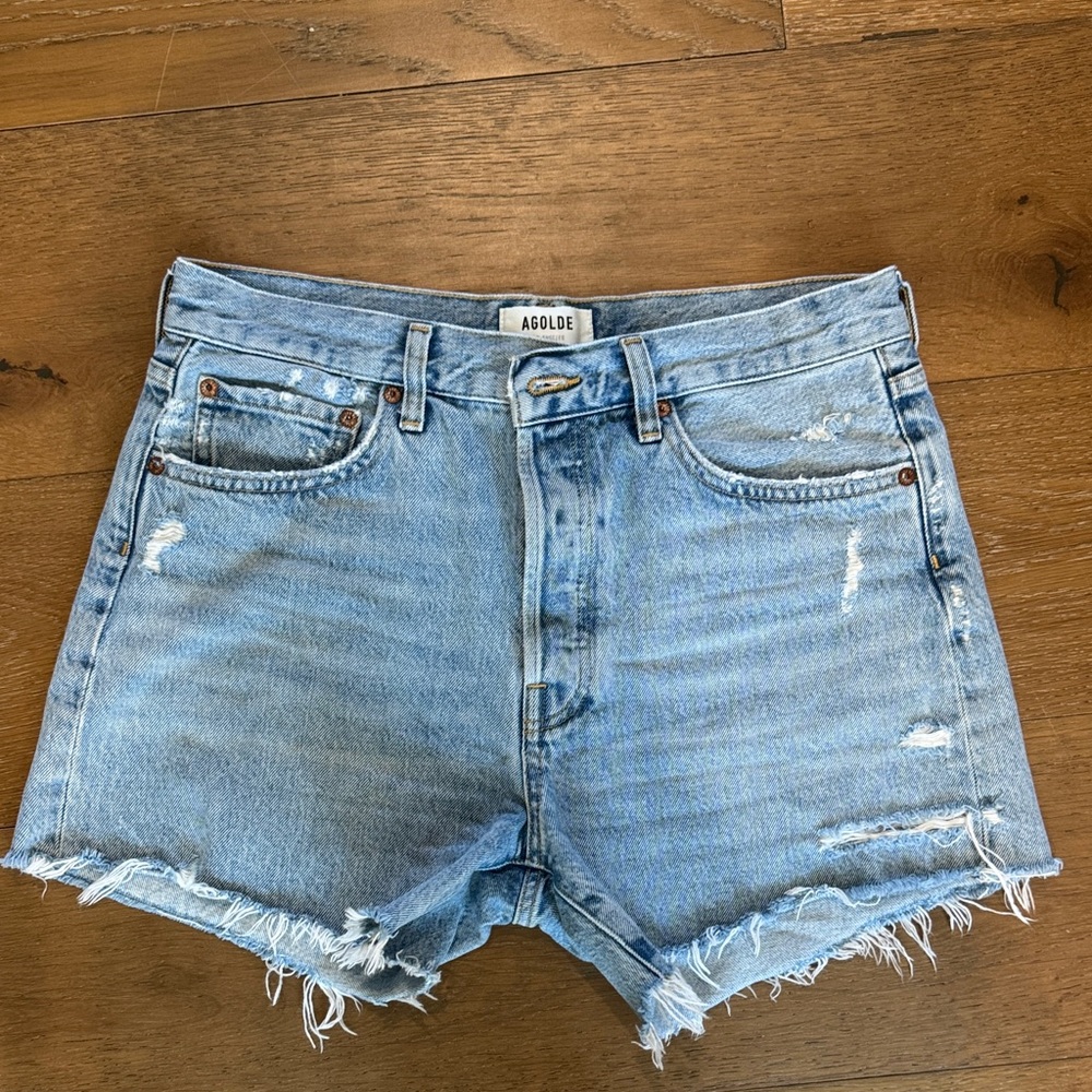 Agolde Long Parker Denim Shorts Light Wash